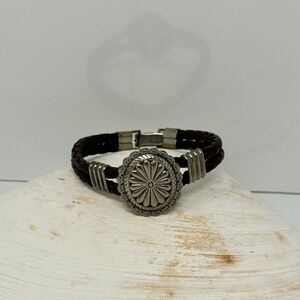 Braided leather silver tone southwestern bracelet